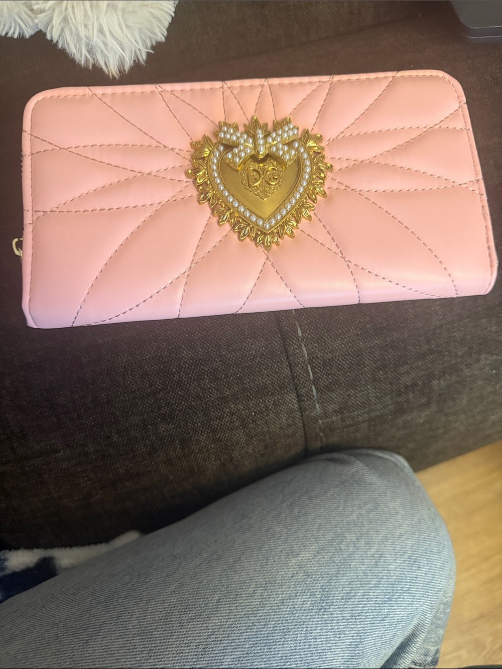 Blush Quilted Wallet with Gold Heart Emblem
